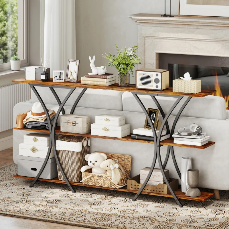 HOMCOM 71" Console Table, 3-Tier Industrial Entryway Table with 2 Storage Shelves for Living Room, Hallway, Rustic Brown