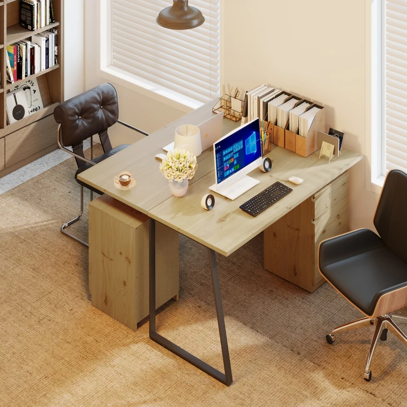 HOMCOM 53 Inch Computer Desk, Writing Table with Cabinet, Drawer, Adjustable Shelf for Home Office Study, Natural Wood