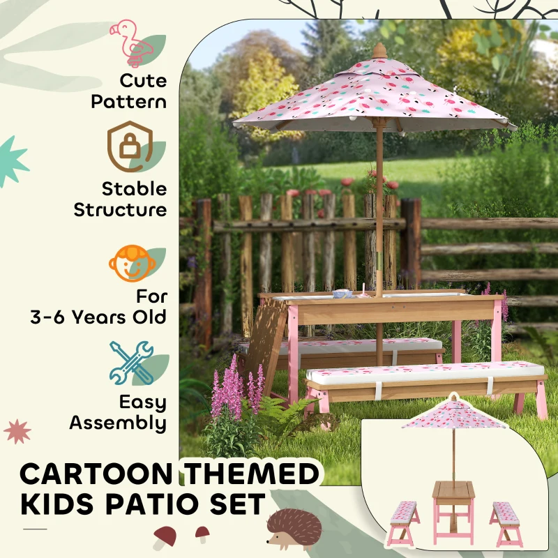 Qaba Kids Picnic Table and Bench Set with Removable Umbrella, Cushions & Boxes, Flamingo Theme for Outdoor, Pink