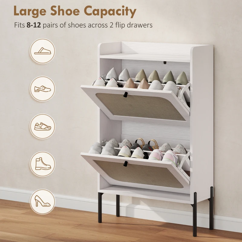 HOMCOM Shoe Cabinet with 2 Flip Drawers, Boho Narrow Shoe Storage Cabinet, White