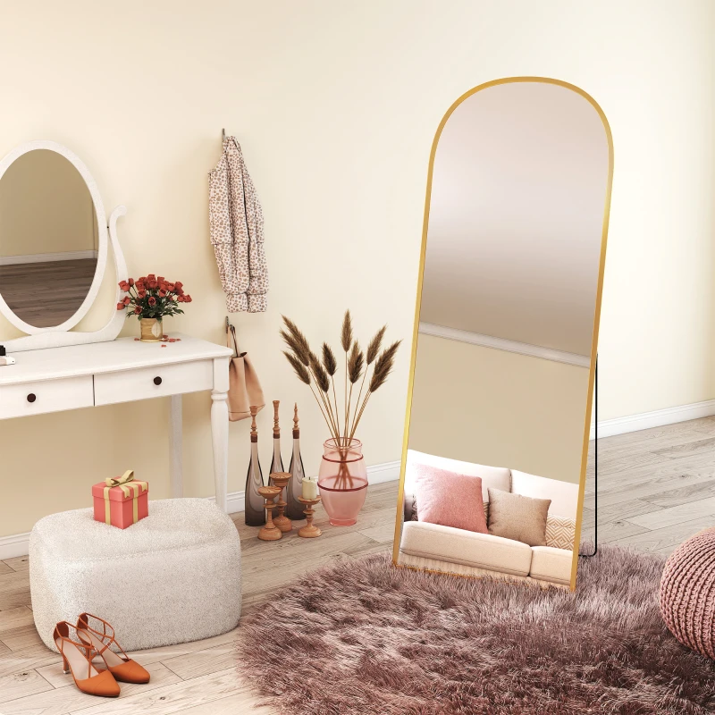HOMCOM Arched Standing Mirror, 64" x 24" Full Length Mirror, Free Standing or Wall Mounted for Living Room, Bedroom, Gold