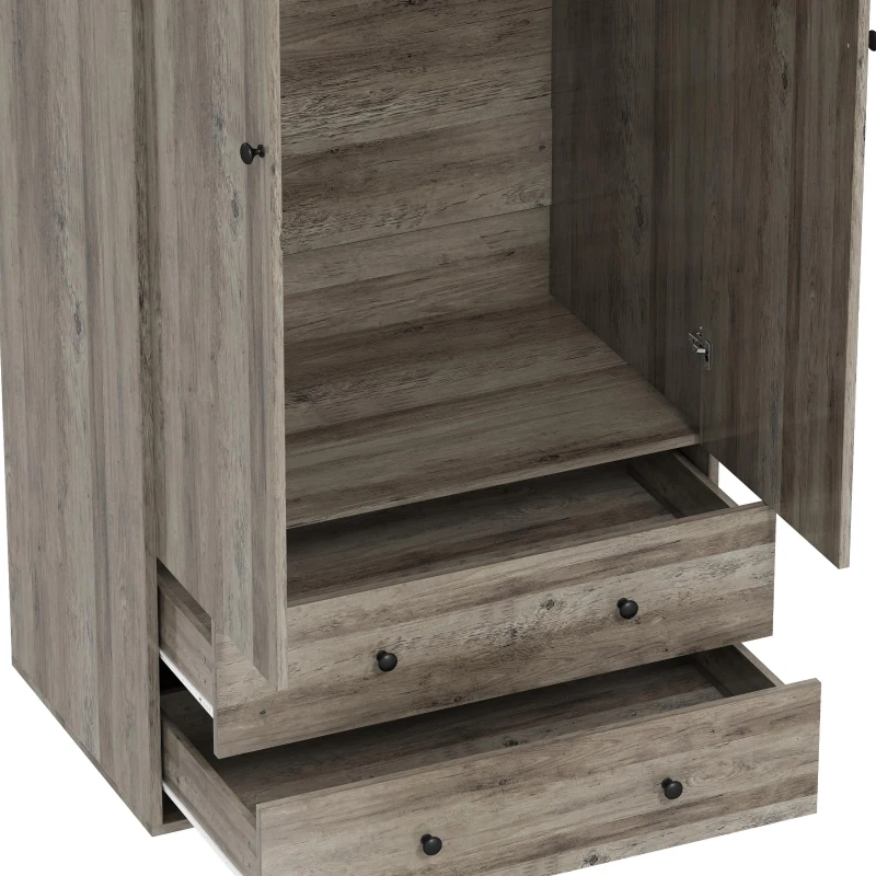 HOMCOM Modern Wardrobe Closet Armoire with 2 Drawers and Hanging Rod, Clothes Storage Organizer for Bedroom, Grey