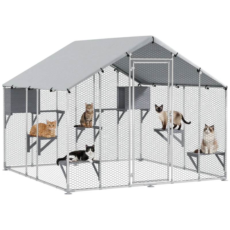 PawHut 94.5" Extra Large Metal Outdoor Catio with Waterproof Cover, 2 Resting Boxes, 7 Platforms, for Multiple Rabbits, Chicken