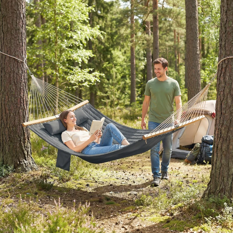 Outsunny Outdoor Hammock Padded Camping Hammock with Pillow & Spreader Bars 200 x 140 cm Grey