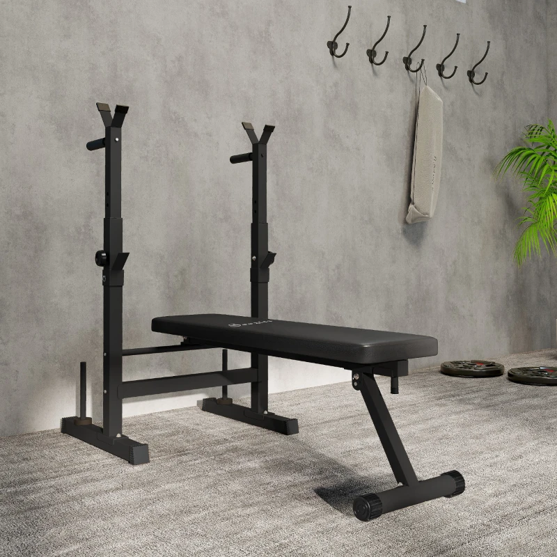 Soozier Adjustable Weight Bench, Foldable Bench Press with Barbell Rack and Dip Station for Home Gym, Strength Training Multiuse Workout Bench, Black