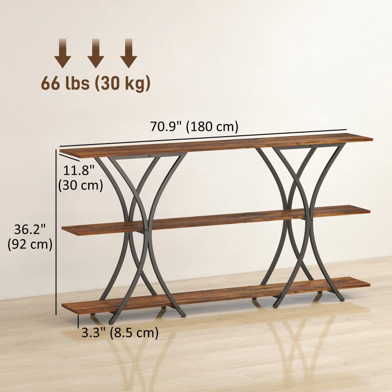 HOMCOM 71" Console Table, 3-Tier Industrial Entryway Table with 2 Storage Shelves for Living Room, Hallway, Rustic Brown