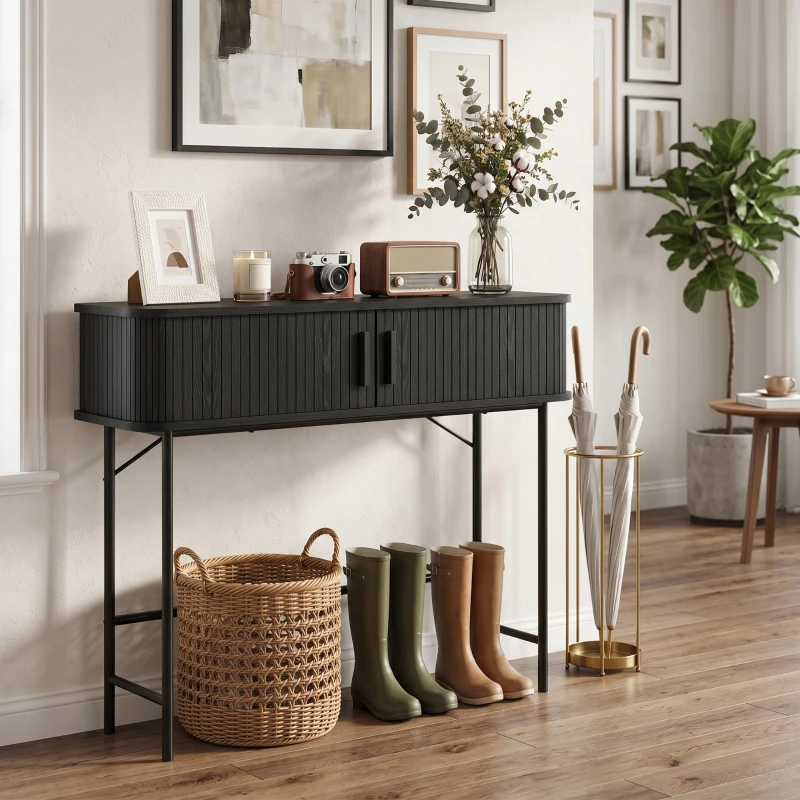 HOMCOM Mid-Century Entryway Table, Narrow Console Table with Storage Compartments for Behind Couch, Living Room, Black