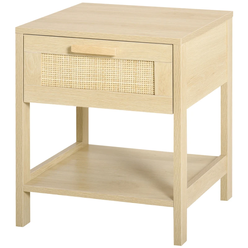 HOMCOM Narrow Nightstand with Rattan Elements, Bedside Table with Drawer and Storage Shelf for Bedroom, Natural