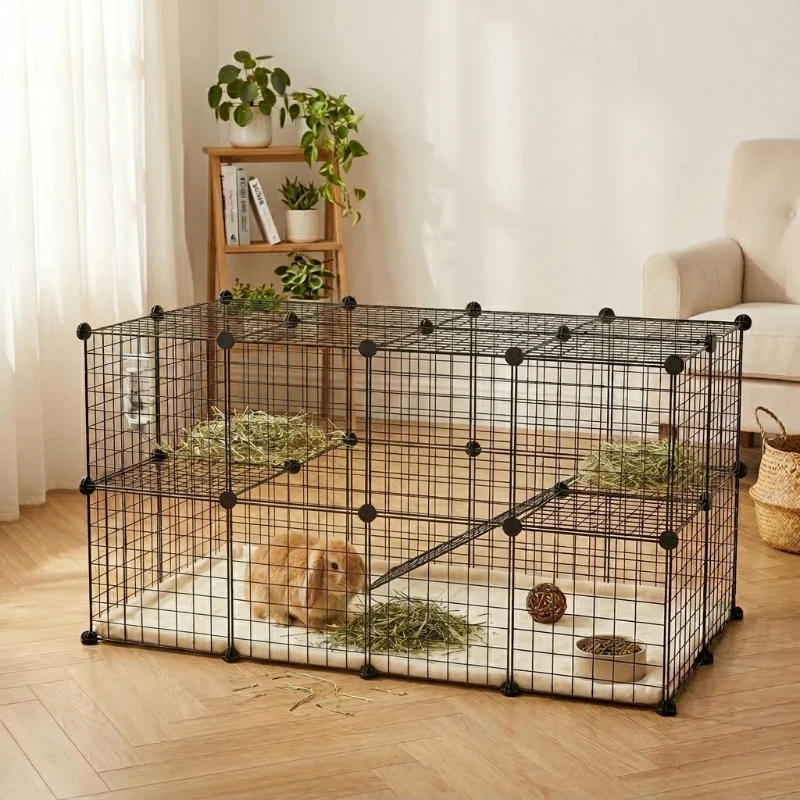 PawHut 36 Panels Small Animal Playpen with Door, DIY C & C Cage for Guinea Pigs with Ramp, Portable Metal Wire Yard for Rabbit, Hedgehogs, 14 x 14 in
