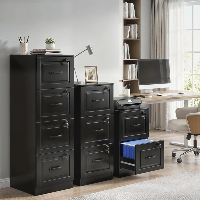 HOMCOM 4 Drawer File Cabinet with Lock, Vertical Filing Cabinet with Adjustable Hanging Bars for A4 and Letter Size, Black