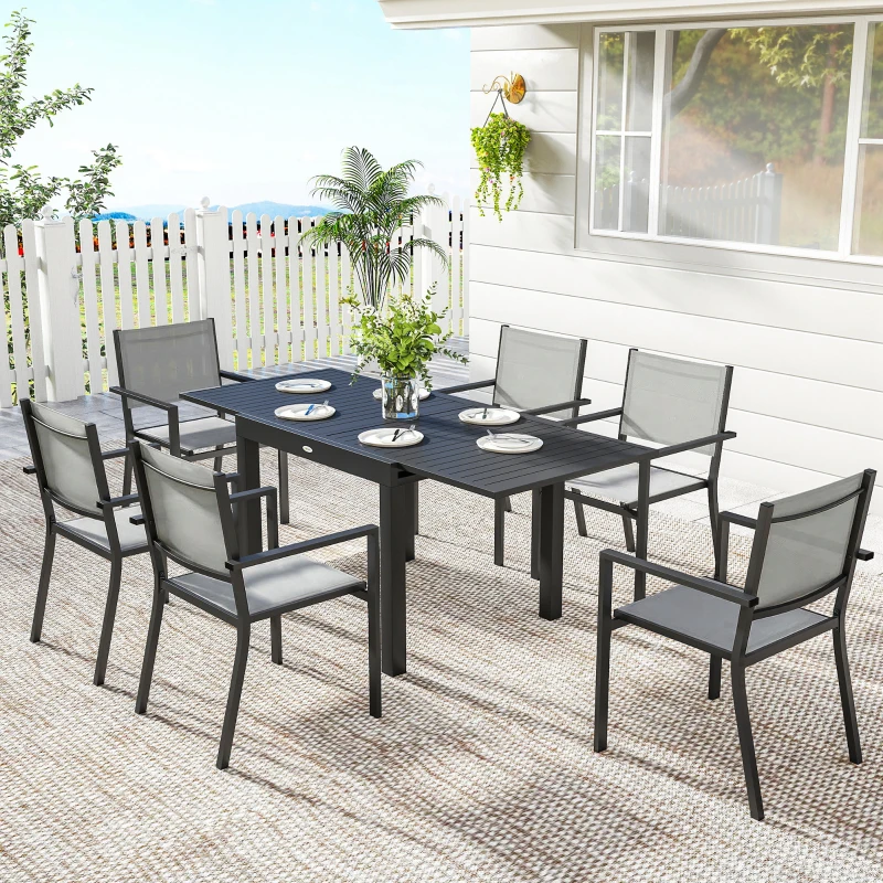 Outsunny 7 Pieces Outdoor Dining Set, Aluminum Patio Table and Chairs Set for 6 with Extendable Tabletop and Stackable Chairs