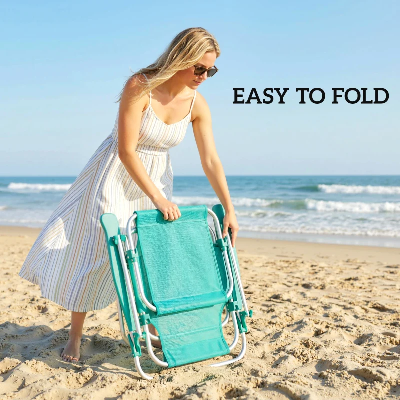 Outsunny 2 Piece Folding Beach Chairs with Adjustable Canopy, 6-Position Reclining Lounge Chair with Headrest, Turquoise