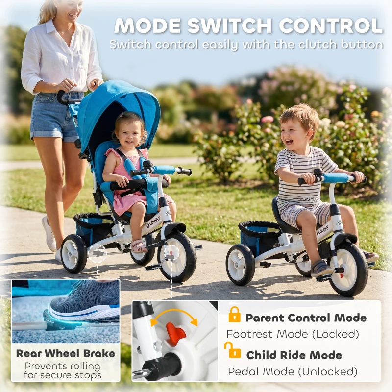 Qaba 6 in 1 Tricycle for Toddler 1-5 Years with Parent-Push Handle, Blue