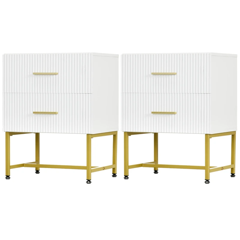 HOMCOM 2 Pieces Nightstands with Storage, Modern Bedside Tables with 2 Fluted Drawers and Gold Legs for Bedroom, White