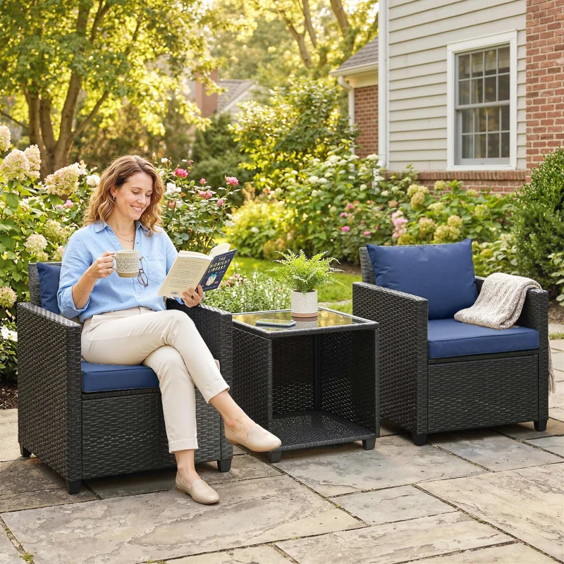 Outsunny 3 Piece Patio Bistro Set, Wicker Furniture Set with Thick Cushions, Glass Coffee Table and Chairs for Garden, Dark Blue