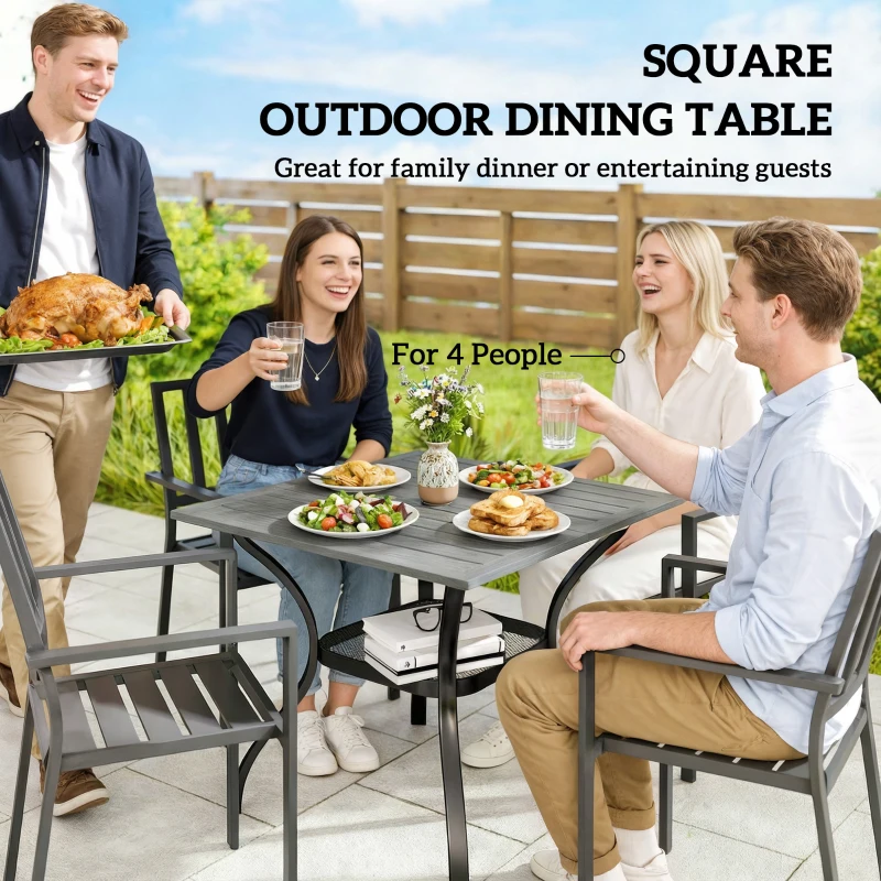 Outsunny Outdoor Dining Table for 4, Square Patio Table with Umbrella Hole, Shelf, Slatted Faux Wood Steel Top, Grey