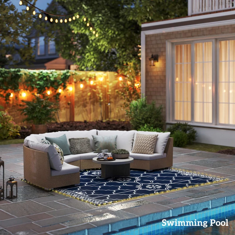 Outsunny Reversible Outdoor Rug Carpet with LED Lights, 10' x 8' PP Straw Rug with Carry Bag and Ground Stakes