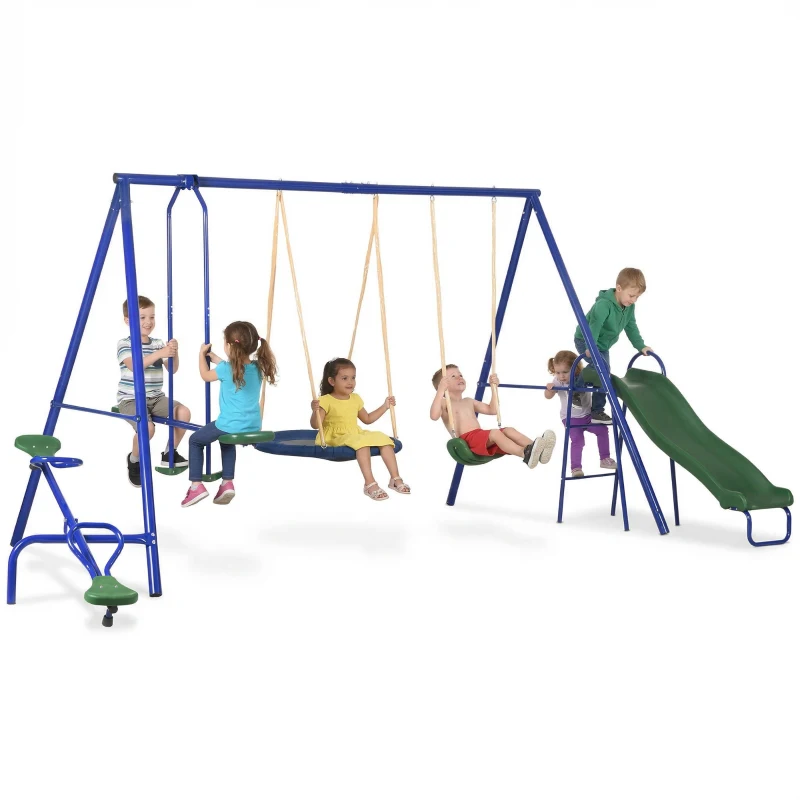 Outsunny 5 in1 Kids Swing Set with Saucer Swing, Slide, Seesaw, Glider, Swing Seat for Backyard, Playground