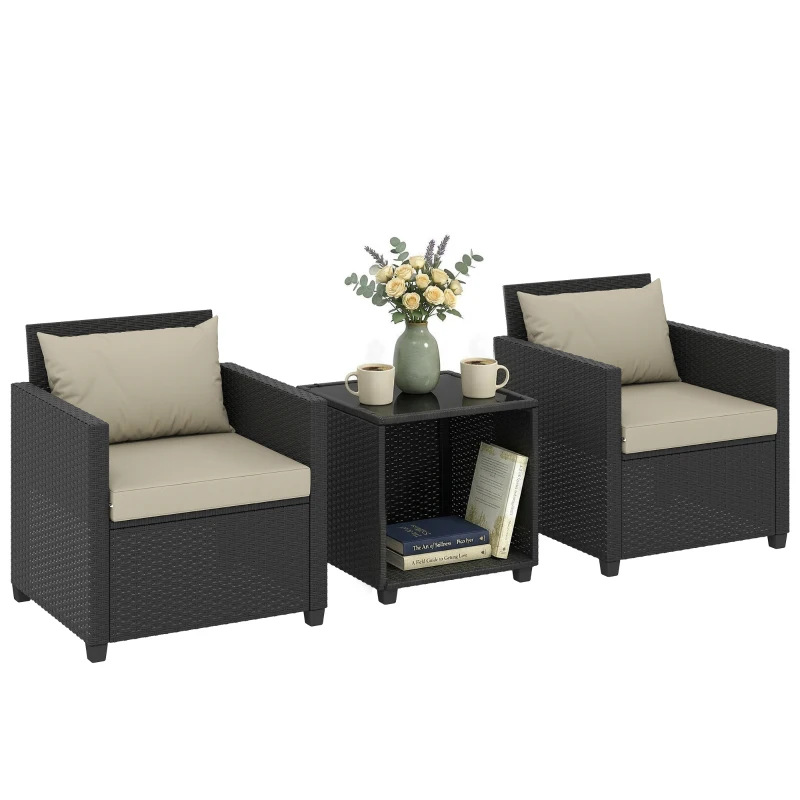 Outsunny 3 Piece Patio Bistro Set, Wicker Furniture Set with Thick Cushions, Glass Coffee Table and Chairs for Garden, Beige