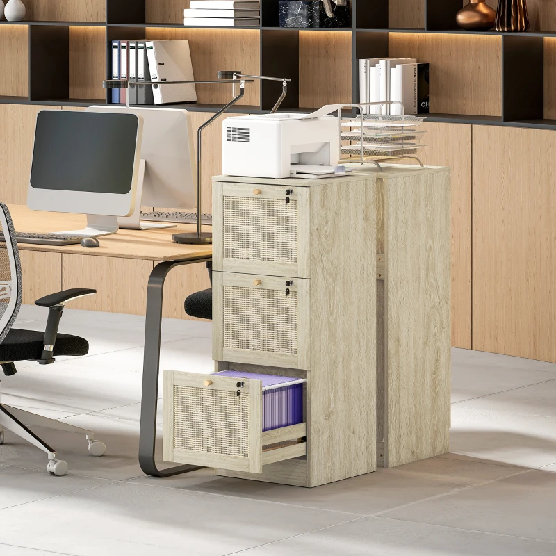 HOMCOM 3 Drawer Filing Cabinet with Lock, Boho File Cabinet for A4 Letter Size Files with Decorative Rattan Accents, Oak