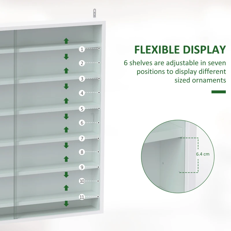 HOMCOM 7-Tier Display Cabinet, Shot Glass Display Case, Glass Curio Cabinet with 2 Glass Doors and 6 Adjustable Shelves, White