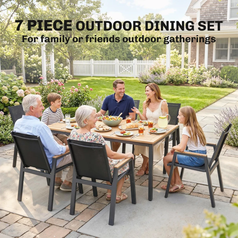 Outsunny 7 Piece Outdoor Dining Set, Rectangle Patio Table and 6 Mesh Chairs with Slatted Tabletop for Backyard, Deck, Garden