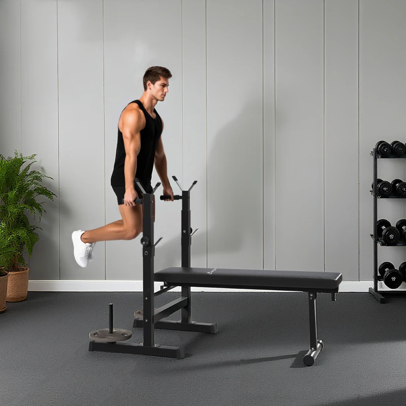 Soozier Adjustable Weight Bench, Foldable Bench Press with Barbell Rack and Dip Station for Home Gym, Strength Training Multiuse Workout Bench, Black