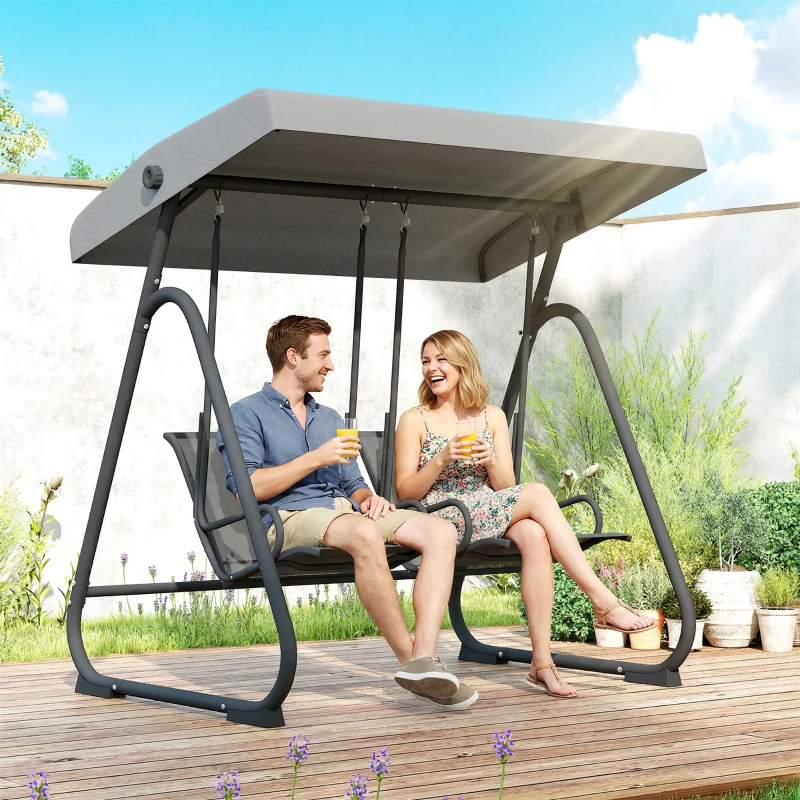Outsunny Patio Swing Chair w/Adjustable Canopy Outdoor Porch Swing Glider w/Dual Independent Seats 2-Seat Grey