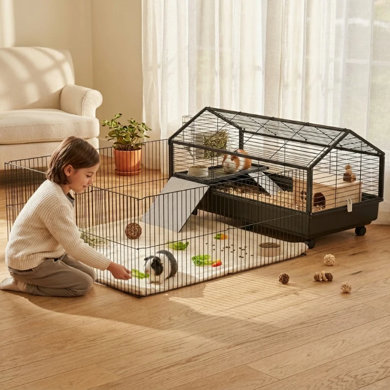 PawHut Small Animal Playpen Cage with Rolling Caster, Water Bottle 46.5"