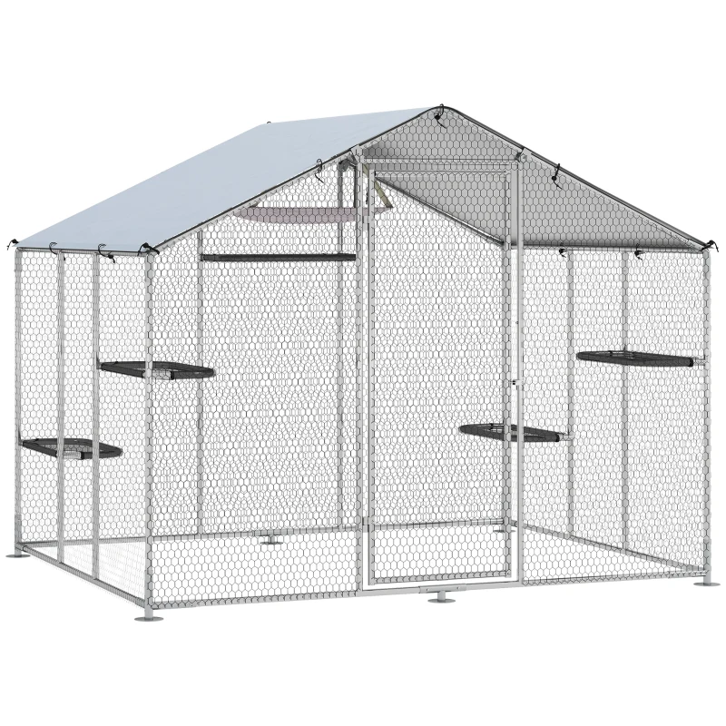 PawHut Large Catio Outdoor Cat Enclosure with Waterproof Cover, Walk-in Cat Patio w/ 5 Adjustable Platforms & Hammock 94.5" L