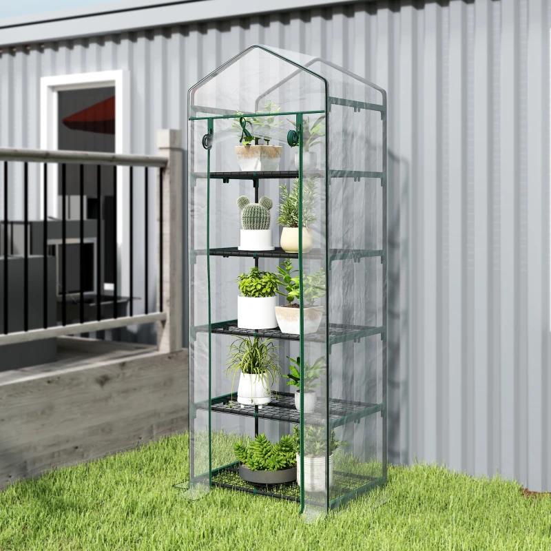 Outsunny 5 Tier Mini Greenhouse, Portable Outdoor Flower Stand with Shelf Clips, Indoor Greenhouse with Steel Frame, Transparent, 27.25" x 19.25" x 76", Clear