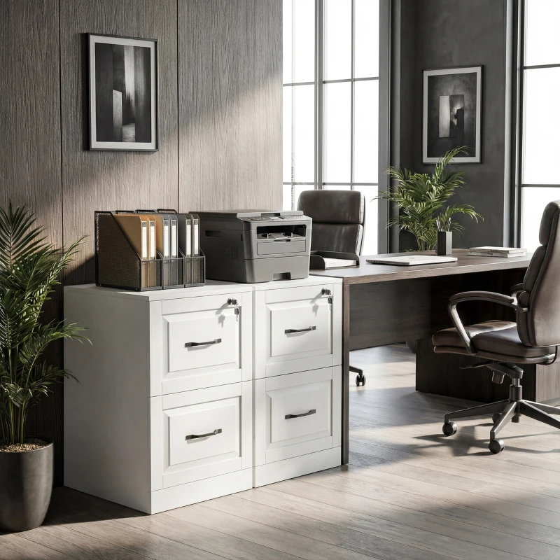 HOMCOM 2 Drawer File Cabinet with Lock, Vertical Filing Cabinet with Adjustable Hanging Bars for A4 and Letter Size, White