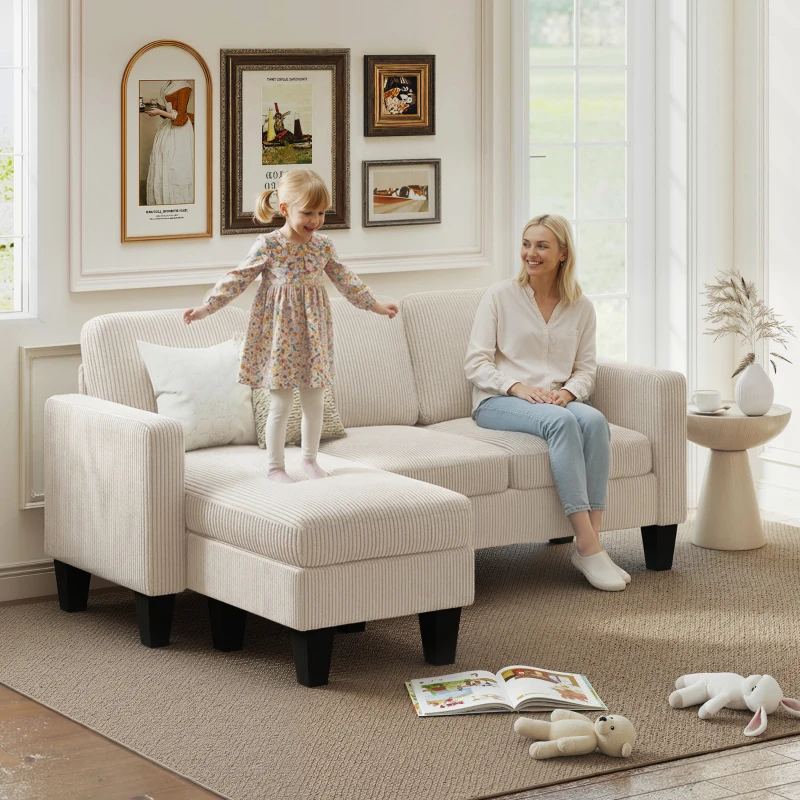 HOMCOM Sectional Sofa, L Shaped Couch, with Reversible Chaise or Ottoman, Cream White