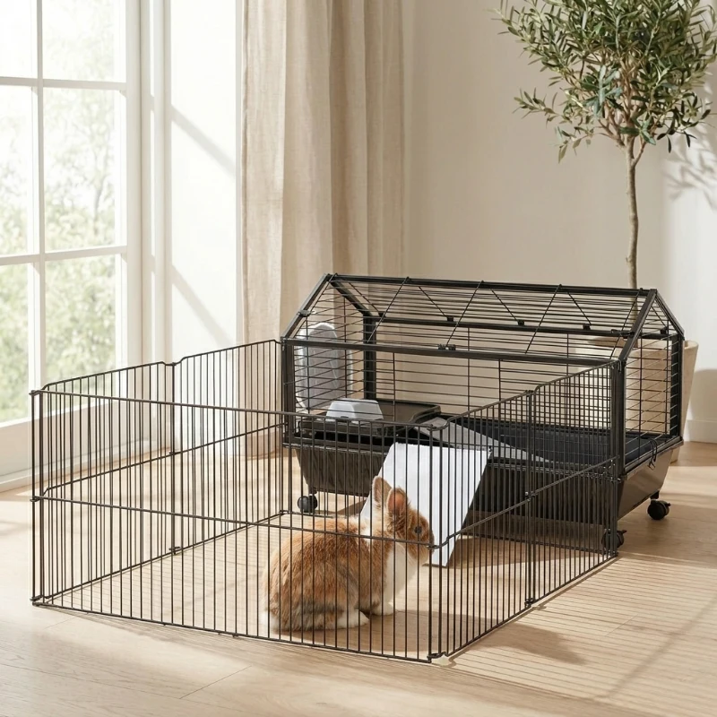 PawHut Rolling Metal Rabbit, Guinea Pig, or Small Animal Hutch Cage with Main House and Run