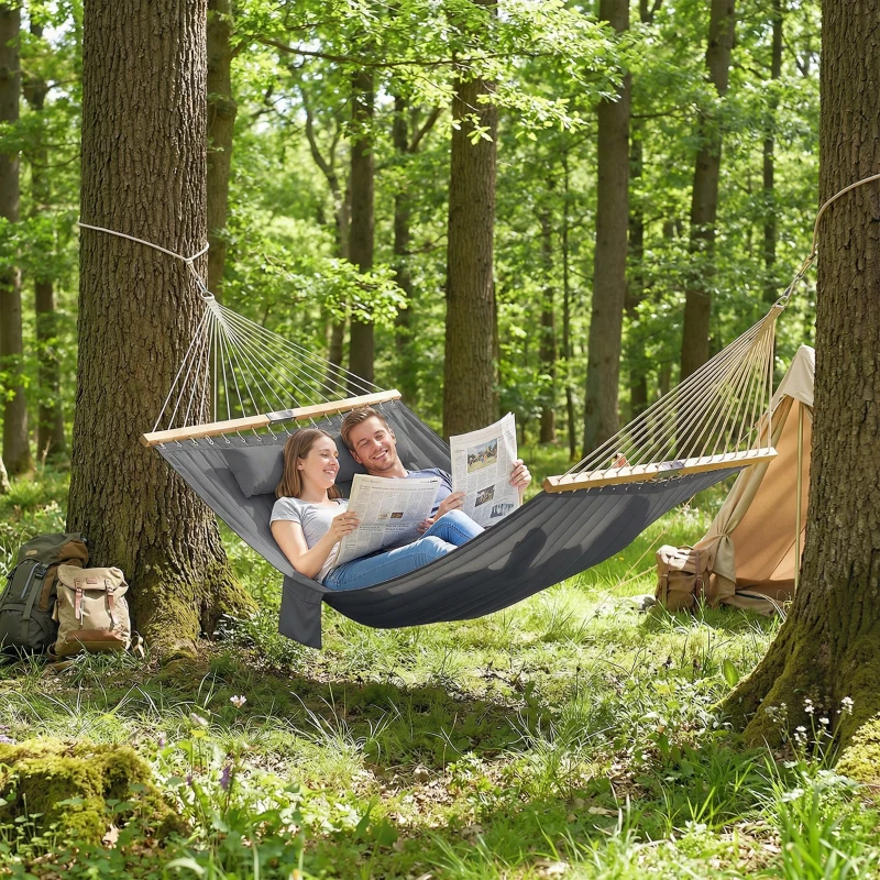 Outsunny Outdoor Hammock Padded Camping Hammock with Pillow & Spreader Bars 200 x 140 cm Grey