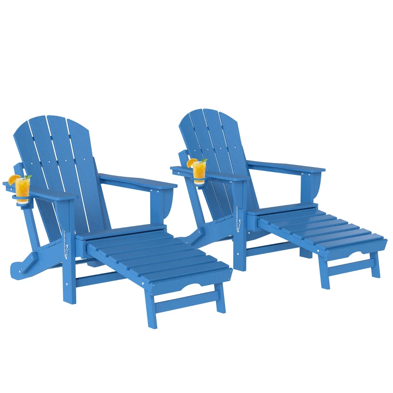 Outsunny Folding Adirondack Chair Set of 2, HDPE Fire Pit Chair with Retractable Ottoman and Cup Holder, Blue