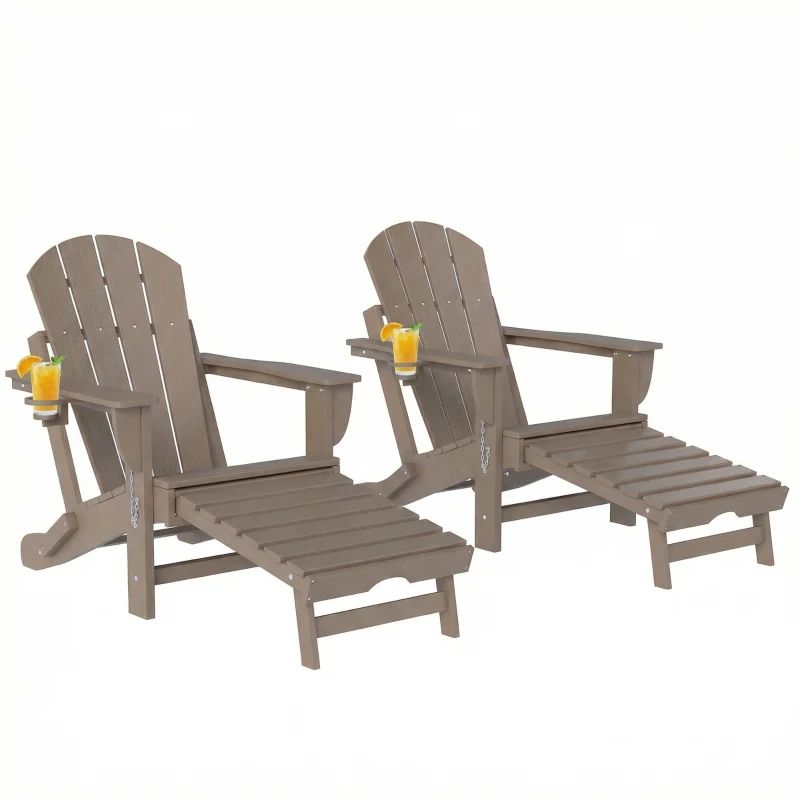 Outsunny Folding Adirondack Chair Set of 2, HDPE Fire Pit Chair with Retractable Ottoman and Cup Holder, Brown