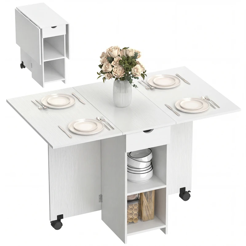 HOMCOM Folding Dining Table with Storage, Drop Leaf Kitchen Table with Drawer and Shelves for Small Spaces, White