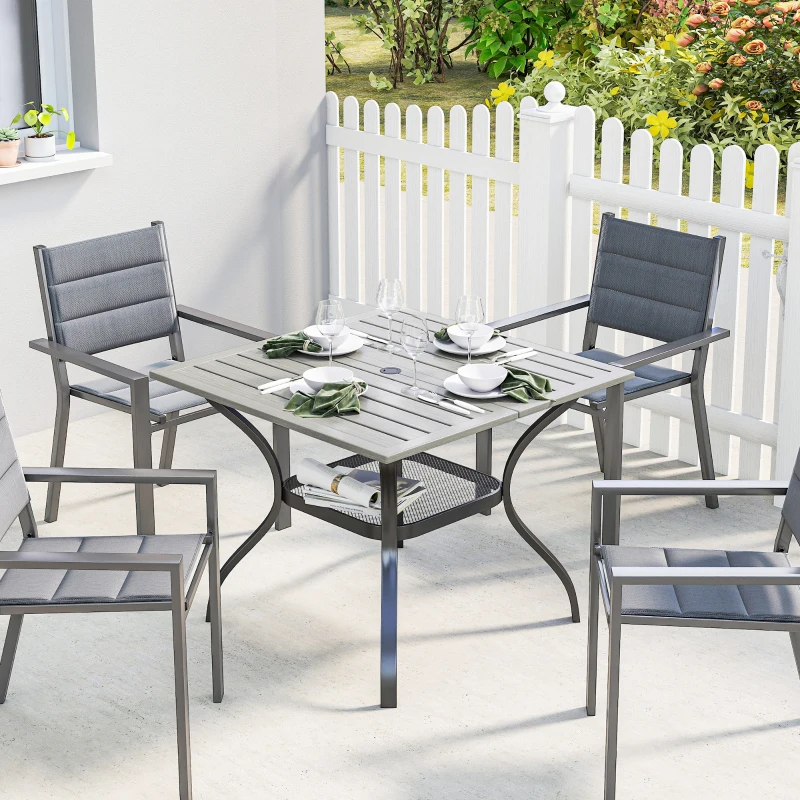 Outsunny Outdoor Dining Table for 4, Square Patio Table with Umbrella Hole, Shelf, Slatted Faux Wood Steel Top, Grey