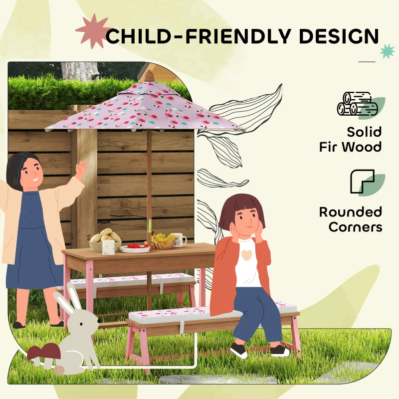 Qaba Kids Picnic Table and Bench Set with Removable Umbrella, Cushions & Boxes, Flamingo Theme for Outdoor, Pink