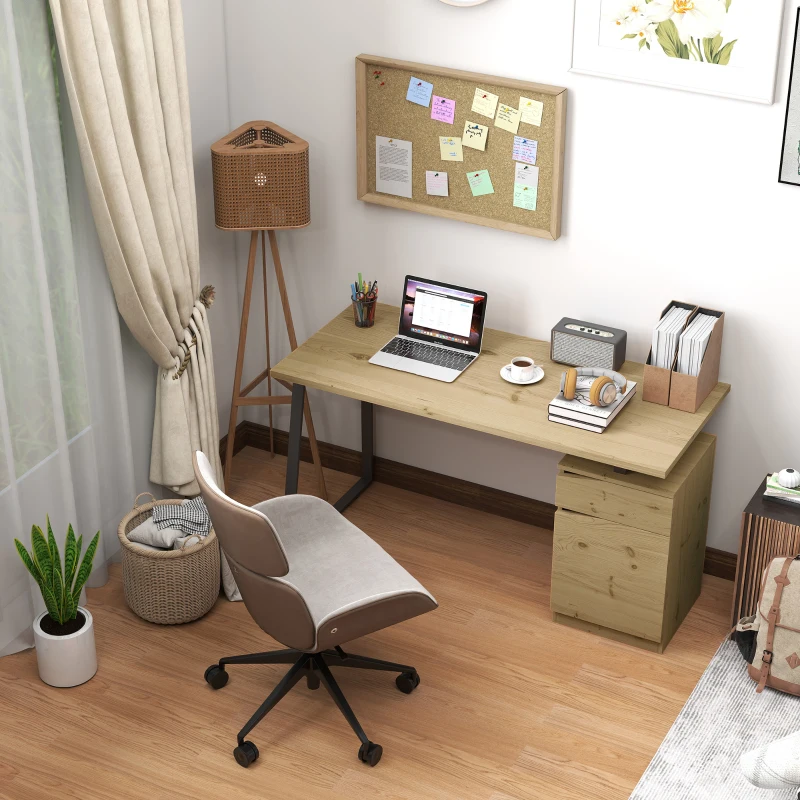 HOMCOM 53 Inch Computer Desk, Writing Table with Cabinet, Drawer, Adjustable Shelf for Home Office Study, Natural Wood