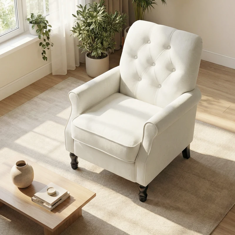 HOMCOM Accent Chair, Mid-Century Modern Armchair with Thick Padded Seat, Spring Cushion, Solid Wood Legs, Cream White