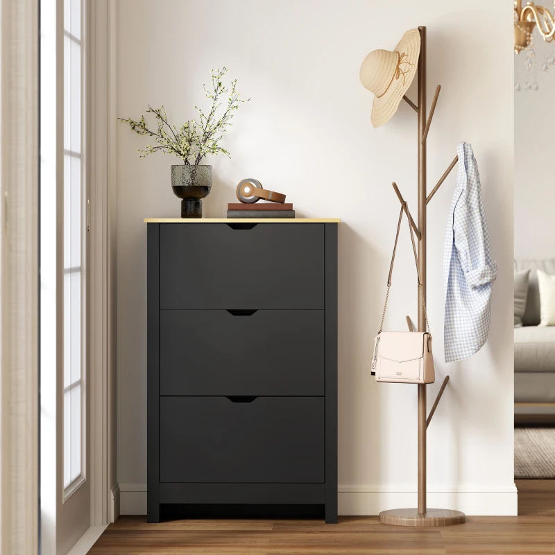HOMCOM Shoe Storage Cabinet with 3 Flip Drawers and Adjustable Shelves for 12-18 Pairs of Shoes, Black