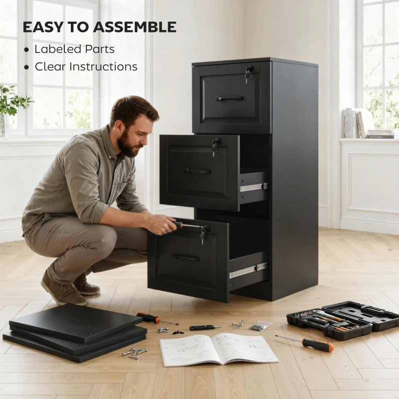 HOMCOM 3 Drawer File Cabinet with Lock, Vertical Filing Cabinet with Adjustable Hanging Bars for A4 and Letter Size, Black