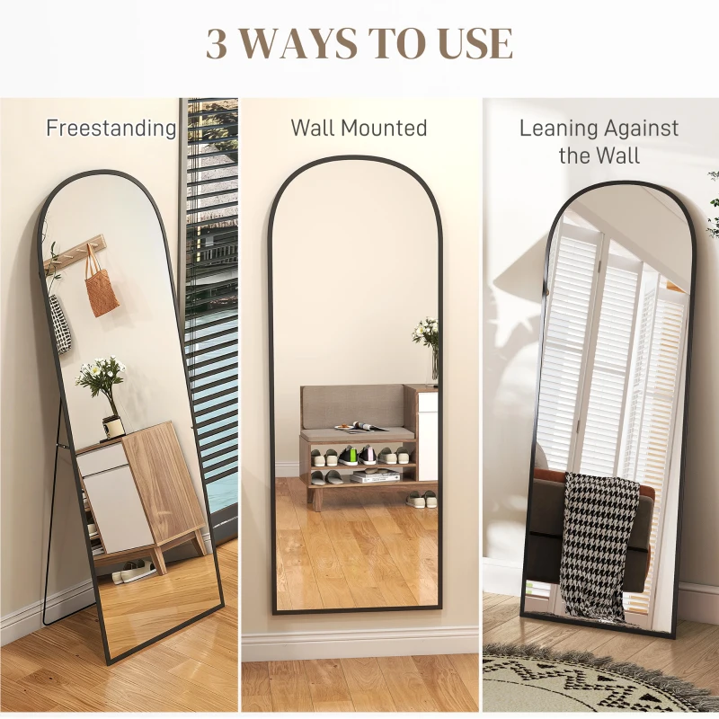 HOMCOM Arched Standing Mirror, 64" x 24" Full Length Mirror, Free Standing or Wall Mounted for Living Room, Bedroom, Black