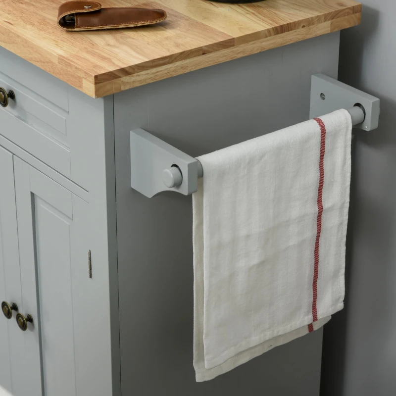 HOMCOM Kitchen Island with Storage, Rolling Trolley Cart with Rubber Wood Top, Spice Rack, Towel Rack, 2 Locking Brakes,Grey