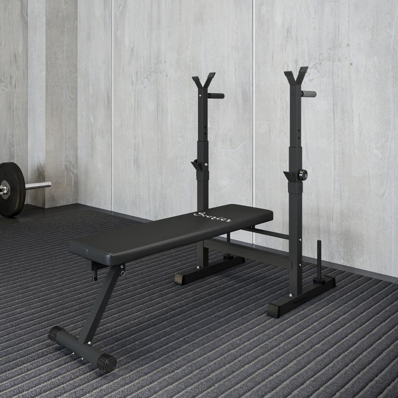 Soozier Adjustable Weight Bench, Foldable Bench Press with Barbell Rack and Dip Station for Home Gym, Strength Training Multiuse Workout Bench, Black