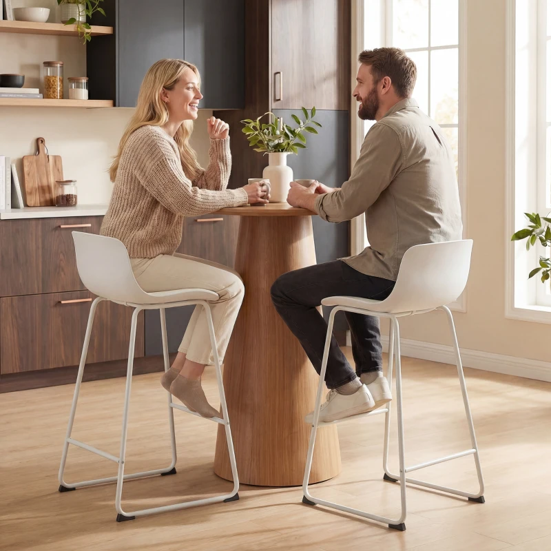 HOMCOM Modern Bar Stools Set of 2, PU Leather Barstools, Counter Height Kitchen Chairs for Breakfast Bars, Dining Room, White