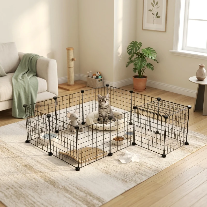 PawHut 36 Panels Small Animal Playpen with Door, DIY C & C Cage for Guinea Pigs with Ramp, Portable Metal Wire Yard for Rabbit, Hedgehogs, 14 x 14 in