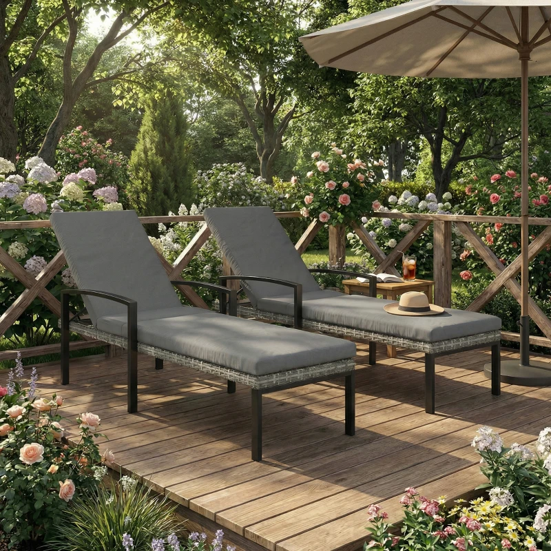 Outsunny Chaise Lounge Chairs Outdoor, Set of 2 Wicker Patio Lounge Chairs with 5-Level Adjustable Backrest, Cushion
